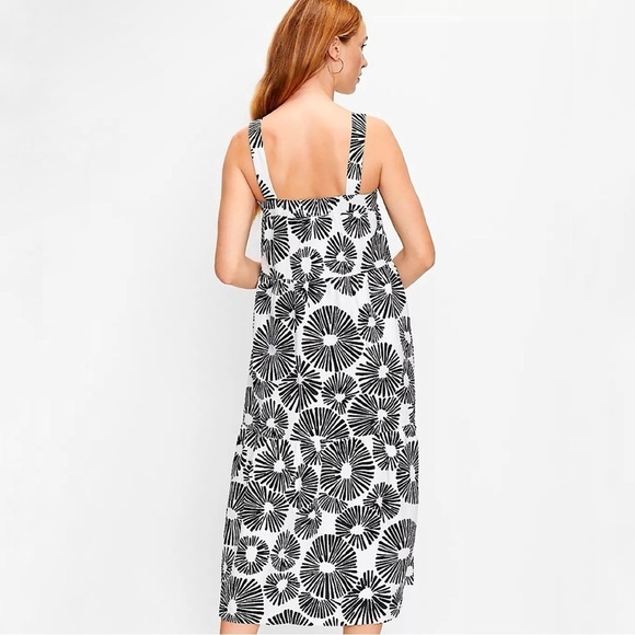 LOFT Linen Blend Firework Tiered Square Neck Midi Dress Black White Large - Picture 2 of 8